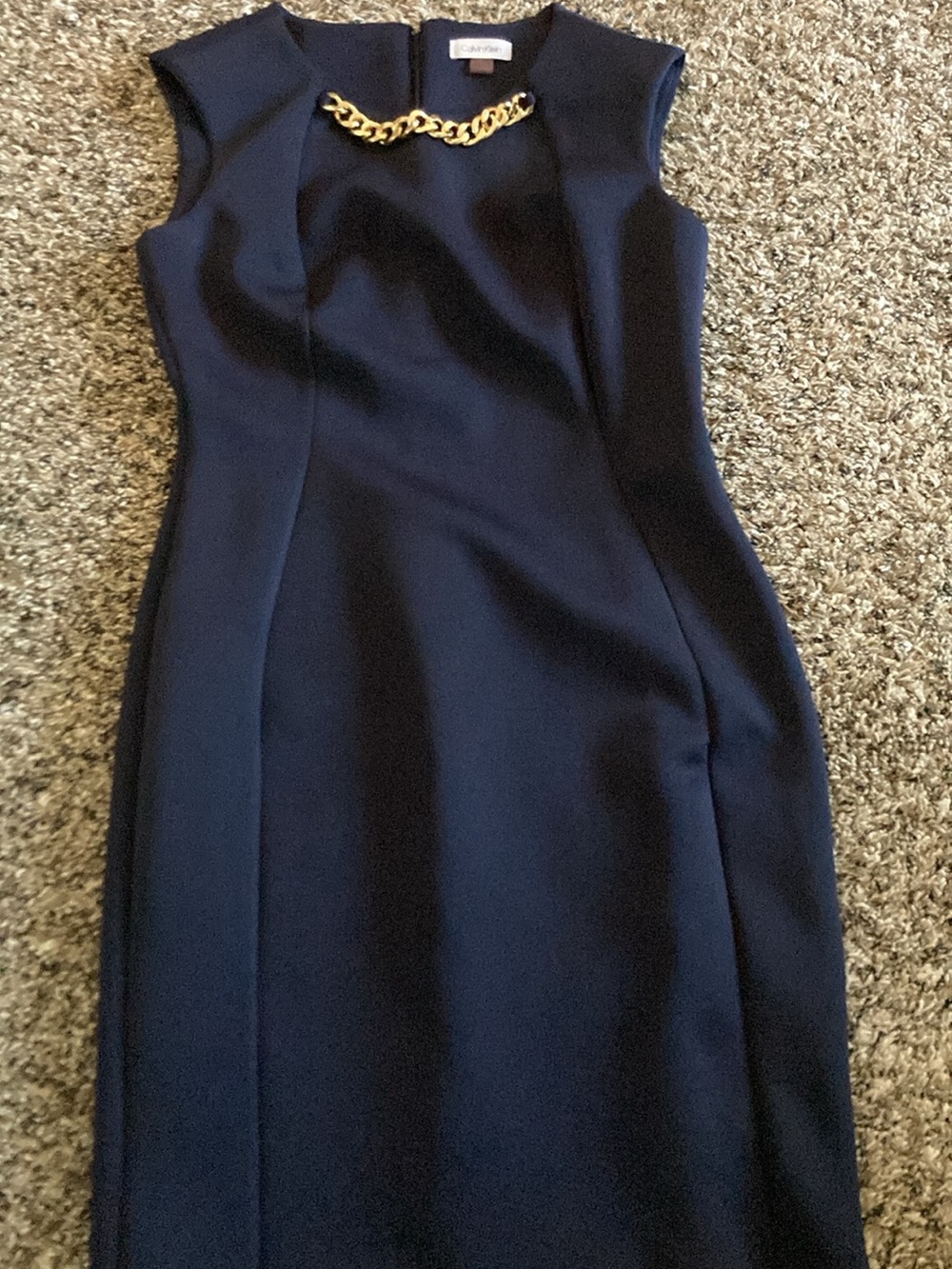 Calvin Klein Navy Midi Sheath Dress with Gold Chain Accent